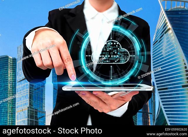 Woman Pointing The Top Screen Of Tablet Showing Futuristic Technology