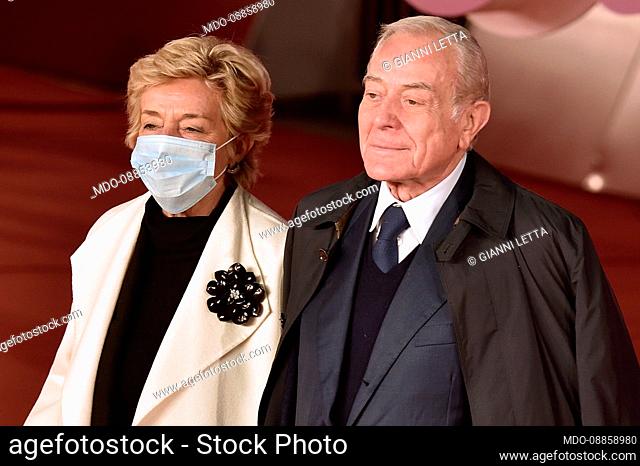 Italian politician Gianni Letta with his wife Maddalena Marignetti at Rome Film Fest 2021. The Eyes of Tammy Faye (Gli occhi di Tammy Faye) Red Carpet