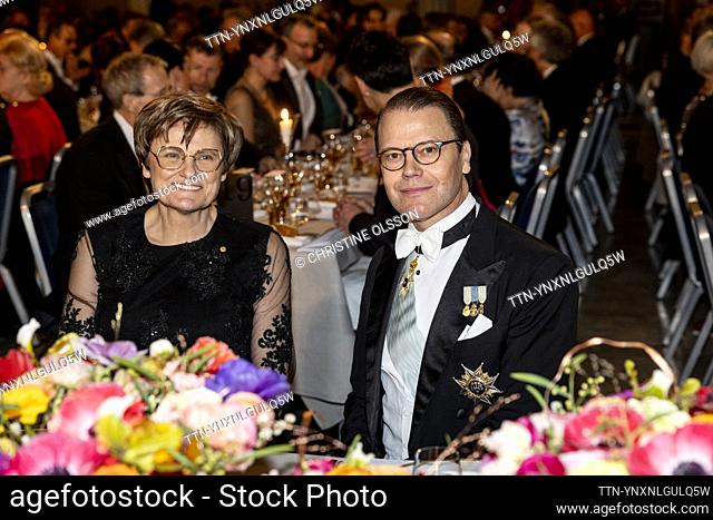 Nobel laureate in physiology or medicine Katalin Karikó and Prince Daniel during the Nobel banquet in Stockholm City Hall, Sweden 10 December 2023