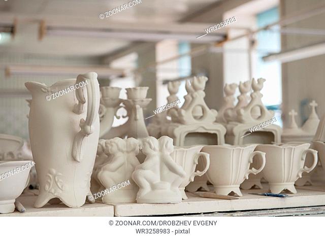 Formed clay ware under production in potter's workshop