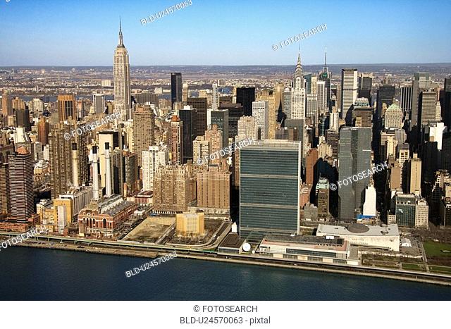 Aerial view of East River and Midtown Manhattan Buildings in New York City