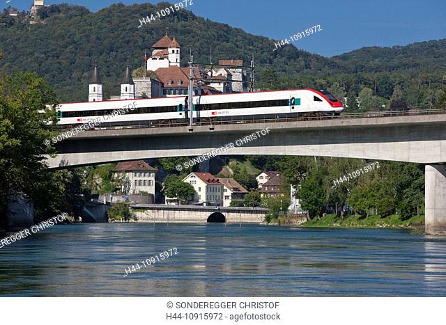River, Flow, water, castle, canton, Switzerland, Europe, Aargau, road, railway, train, railroad, bridge, Aarburg, Aare, river, flow, castle