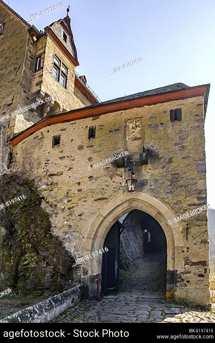 View of castle gate of double castle Bürresheim from Middle Ages, Eifel, St. Johann, Mayen, Rhineland-Palatinate, Germany, Europe
