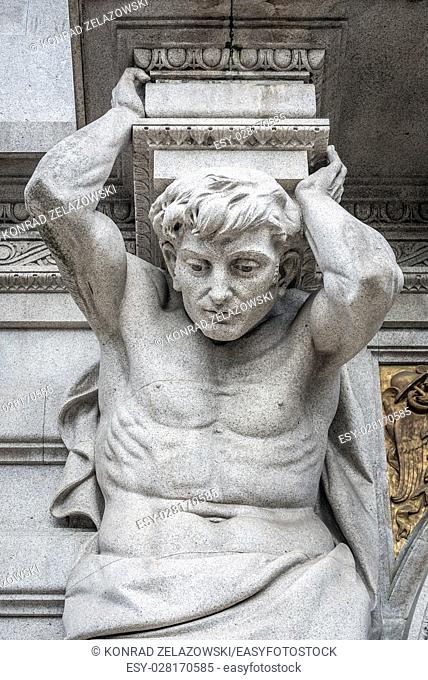 Sculpture of Atlas on the front facade of City Hall of Porto city on Iberian Peninsula, Portugal