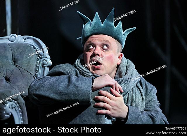 RUSSIA, MOSCOW - DECEMBER 4, 2023: Artur Ivanov as the King performs during the premiere of Ivan Popovski's production of Yevgeny Shvarts's play An Ordinary...