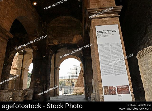 A view of 17th century mural painting with an ideal view of the city of Jerusalem arch of the Triumphalis Gate at Colosseum Archaelogical Park , Rome