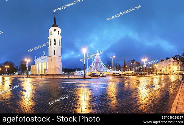 Vilnius, Lithuania. Christmas Tree On Background Bell Tower Belfry Of Vilnius Cathedral At Cathedral Square In Evening New Year Christmas Xmas Illuminations