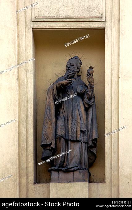 Statue of Saint bristling with needles to protect from pigeons to birds poured sculpture droppings. Praha
