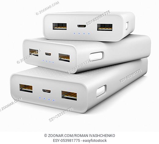 Power banks on a white background.3d rendering
