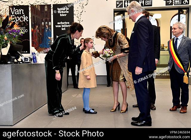 MSK director Catherine Verleysen, King Philippe - Filip of Belgium and Queen Mathilde of Belgium pictured during a royal visit to the opening of the 'Van Eyck