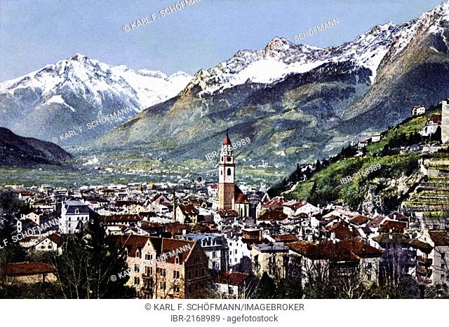 Spa town of Meran, Merano with mountain panorama, South Tyrol, Italy, historical postcard, circa 1900