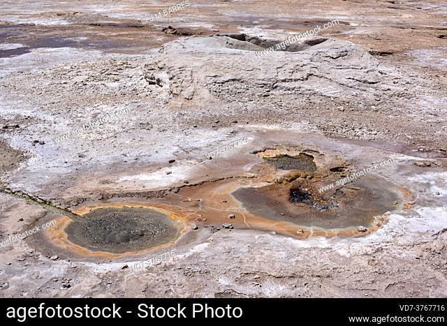 El Tatio Geyser Field. Geyser cone composed of geyserite a kind of opaline silica. San Pedro de Atacama, Antofagasta, Chile