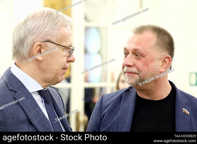 RUSSIA, MOSCOW - DECEMBER 20, 2023: Retired ice hockey player, UN Goodwill Ambassador Vyacheslav Fetisov (L), chairman of the All-Russian Society for...