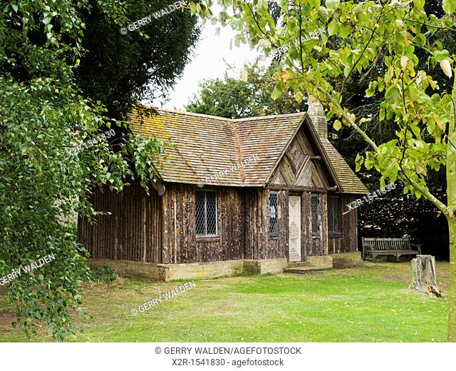 Log cabin in the grounds of Wrest Park near Silsoe in Bedfordshire, England  English Heritage is restoring the gardens to their former glory with the aid of...