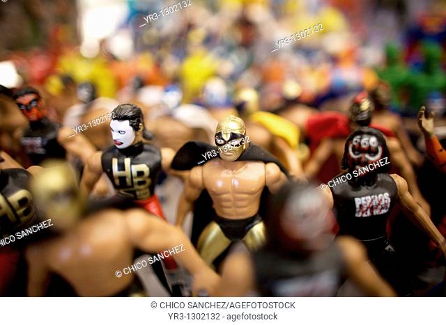 Wrestlers figures for sale in a street shop in Tlayacapan, Mexico, February 5, 2007