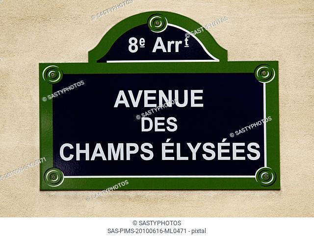 Close-up of a street name sign, Avenue des Champs-Elysees, Paris, France
