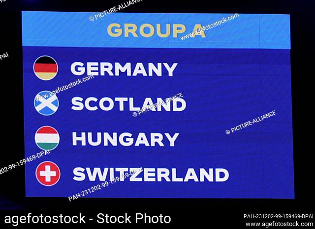 02 December 2023, Hamburg: Soccer: European Championship, draw in Hamburg, Elbphilharmonie. View of the draw for Group A with the teams Germany, Scotland