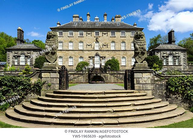 Front facade of Pollok House, Glasgow, Scotland, showing the access steps with the gatepost lions. This shows the original 18th century building with the later...