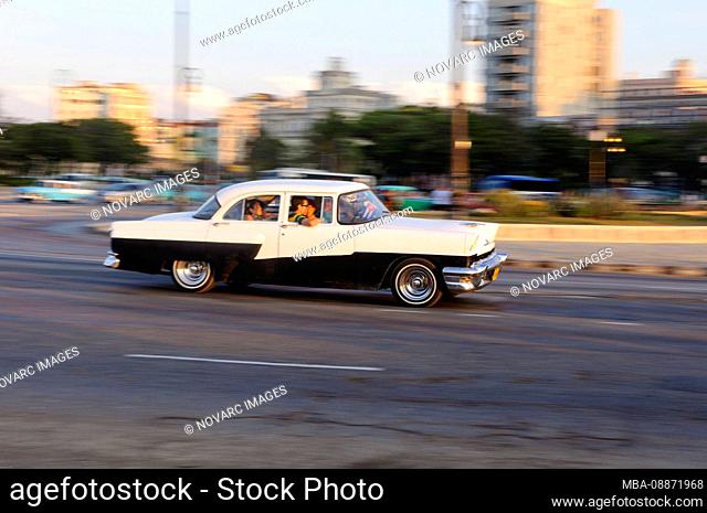 Black and White Vintage Car at the Malecon, Havana, Cuba, Caribbean