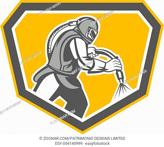 Illustration of a sandblaster worker holding sandblasting hose wearing helmet visor set inside shield crest shape done in retro style