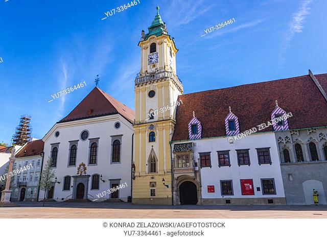 Old Town Hall buildings complex from 14th century and Jesuit Church on the right side on the Old Town in Bratislava, Slovakia
