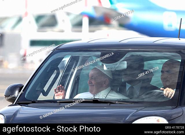 Fiumicino, Italy, 22 September 2023. Pope Francis arrives at Rome's International airport Leonardo da Vinci, in Fiumicino