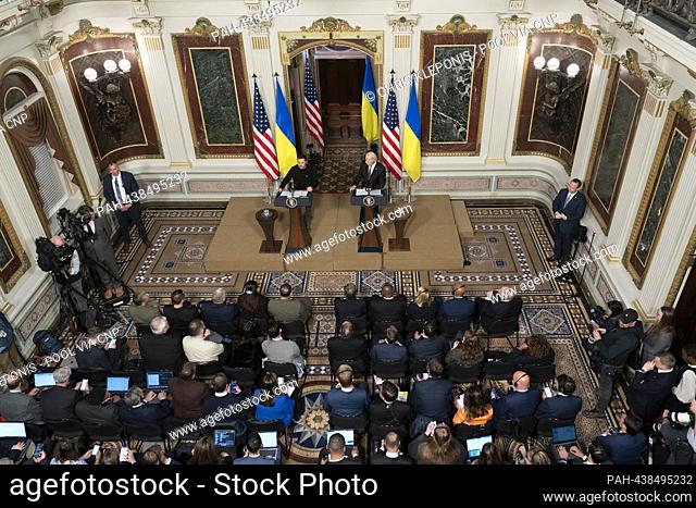 United States President Joe Biden and President Volodymyr Zelenskyy of Ukraine participate in a news conference in the Indian Treaty Room of the Eisenhower...