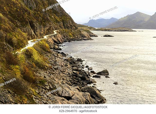 Road to Nyksund, Myre, Langøya island, Archipelago of Vesterålen, county of Nordland, Norway, Europe