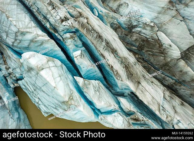 aerial drone view of glacier formations valley