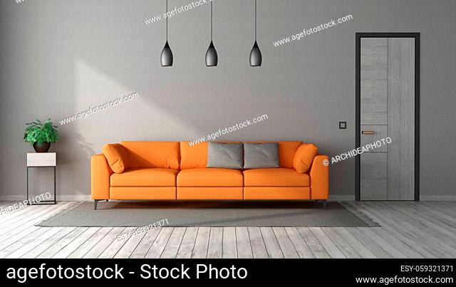 Modern living room with orange sofa in a gray room with closed door-3d rendering