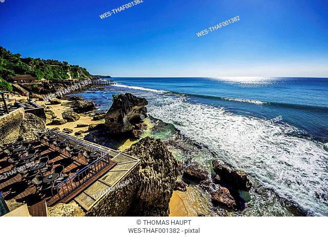 Indonesia, Bali, Jimbaran, Indian Ocean, terrace of restaurant at beach