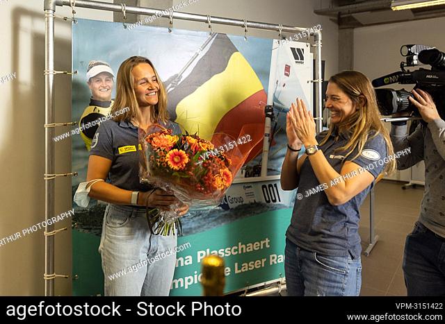 Belgian Sailor Emma Plasschaert and Former sailor Evi Van Acker pictured during a press moment with the new world champion of the Laser Radial (Category ILCA 6)...
