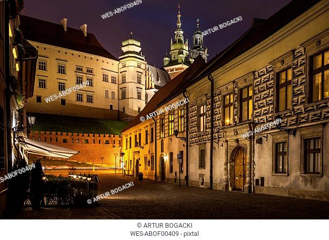 Poland, Krakow, Kanonicza Street to Wawel Castle in Old Town at night