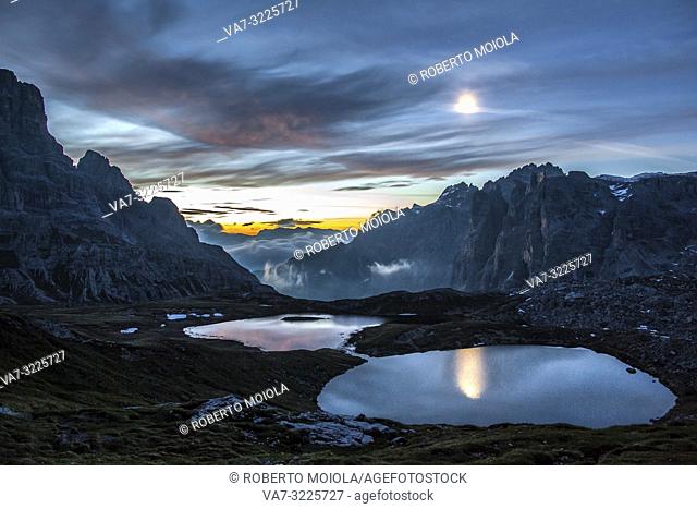 Moonlight above Laghi Dei Piani and Tre Cime di Lavaredo, Sesto Dolomites, Bolzano province, South Tyrol, Italy