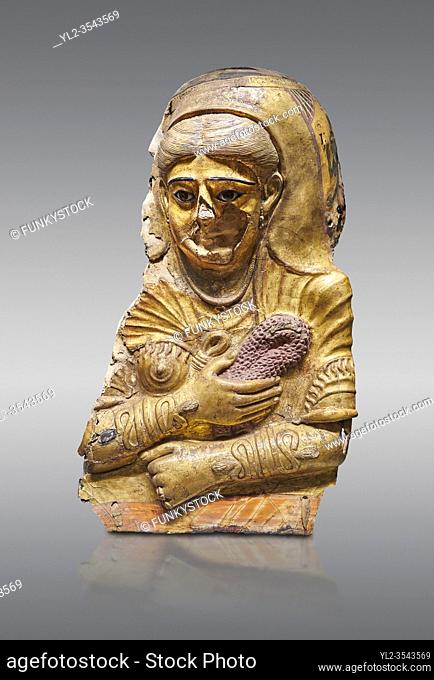 Ancient Egyptian Roman female mummy mask, limestone, Roman Period, 2nd Cent AD, Hawara, Egyptian Museum, Turin. Grey Background