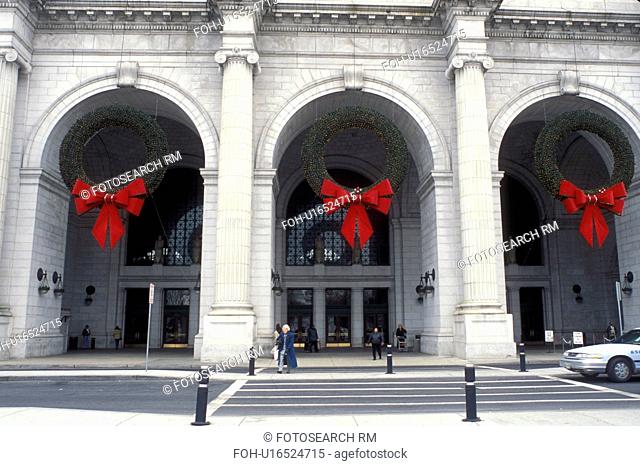Union Station, Washington, DC, District of Columbia, Large Christmas wreaths decorate Union Station in Washington D.C