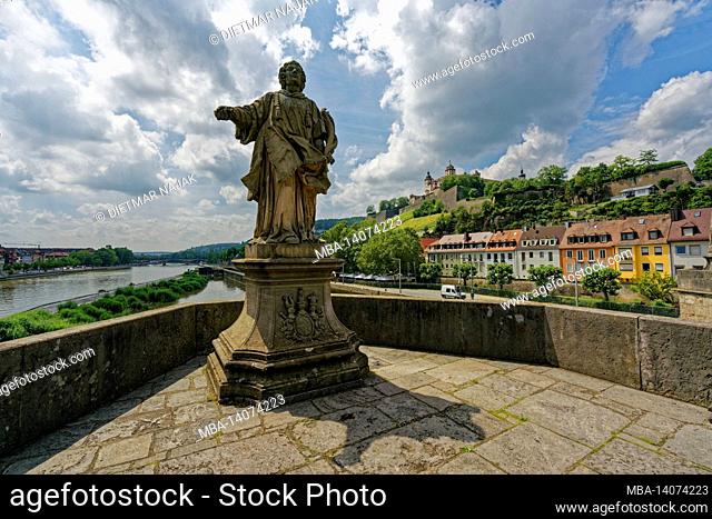 old main bridge in würzburg with the marienberg fortress, lower franconia, franconia, bavaria, germany