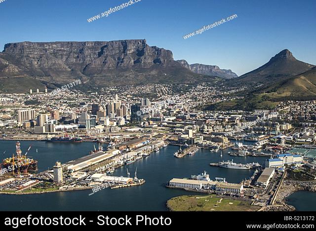 Aerial view, Cape Town with Harbour (Victoria) and Alfred Waterfront, Lionhead and Table Mountain, Cape Town, Western Cape, Republic of South Africa