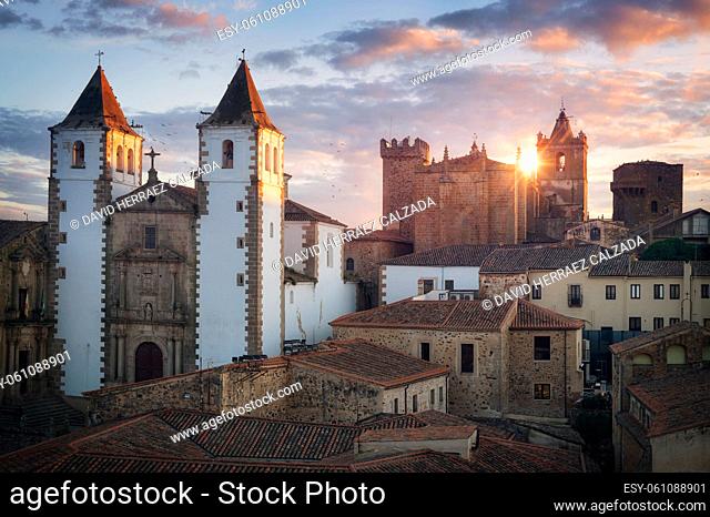 Scenic sunset in the medieval city of Caceres, Spain. High quality photo