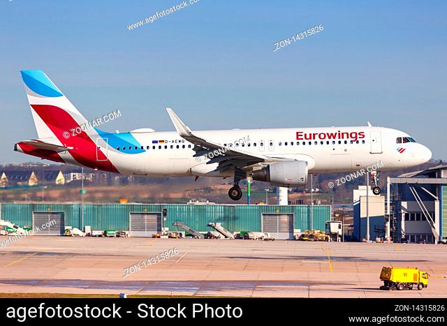 Stuttgart, Germany ? March 21, 2019: Eurowings Airbus A320 airplane at Stuttgart airport (STR) in Germany
