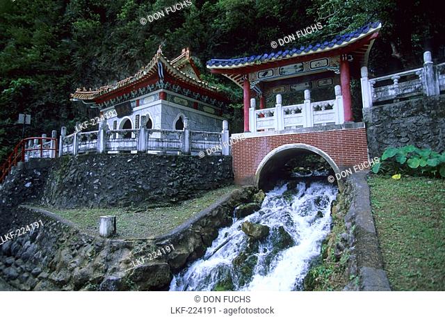 View at the Shrine of the Eternal Spring over a stream at Taroko Gorge, Taroko National Park, Taiwan, Asia