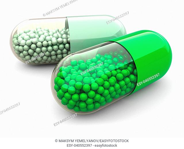 Green pills and drugs on white isolated background. Medical concept. 3d