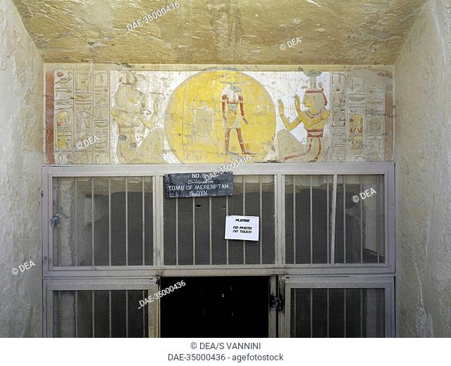 Egypt, Thebes (UNESCO World Heritage List, 1979) - Luxor. Valley of the Kings. Tomb of Merneptah. Architrave at entrance. Mural paintings
