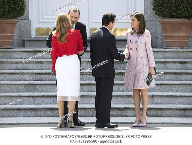 King Felipe VI. From Spain and Queen Letizia of Spain received President Enrique Pena Nieto with wife Angelica Rivera de Pena at the Palacio de la Zarzuela