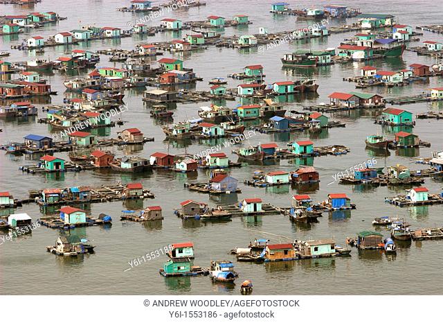 Floating fishing village Cat Ba Town bay north east Vietnam