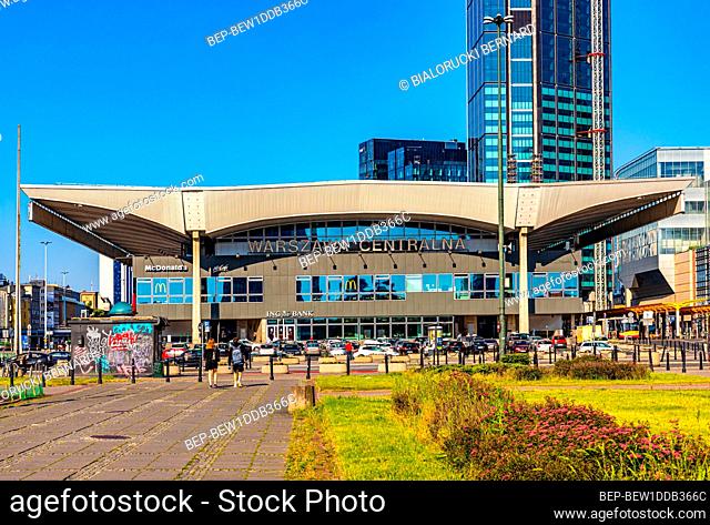Warsaw, Poland - June 13, 2020: Warsaw Central railway station with Varso Place Tower under progressing construction above in Srodmiescie business district