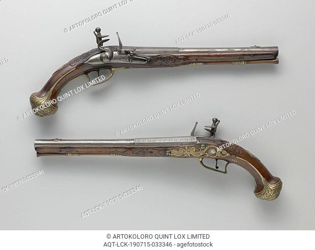 Flint gun, Part of a couple. The lock is undecorated except for a signature and a brand. The barrel is etched at the top with embossed arabesques