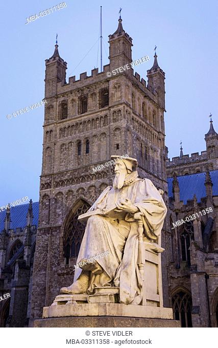 England, Devon, Exeter, cathedral, statue of Richard Hooker, in 1554-1600