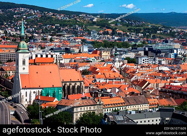 Bratislava Old Town in Slovakia, capital city historic center, St. Martin Cathedral on the left