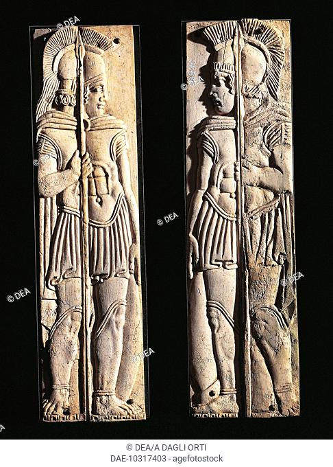 Roman civilization, 4th century b.C. Pair of bone carvings of warriors, from Praeneste (Palestrina, Lazio Region, Italy)